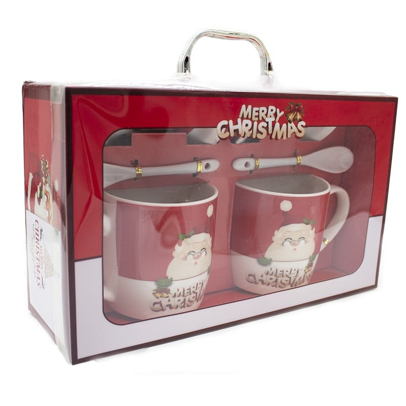 Set 2 cani ceramica Mos Craciun, lingurite de ceramica si farfuriute, in cutie cadou , 300 ml