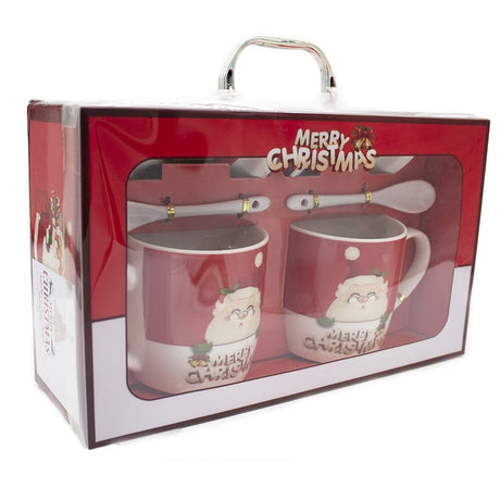 Set 2 cani ceramica Mos Craciun, lingurite de ceramica si farfuriute, in cutie cadou , 300 ml