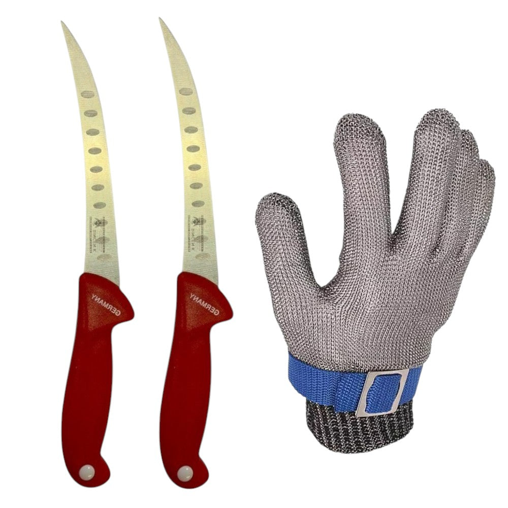 Set 2 Cutite Macelarie Curbate, 27 cm si Manusa Macelarului din Zale, Plasa Anti-Taiere