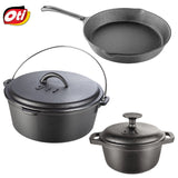 Set 3 produse din fonta pura, Tuci 24 cm, Vas pentru gatit Cocotte 18 cm, Tigaie Oti 24 cm