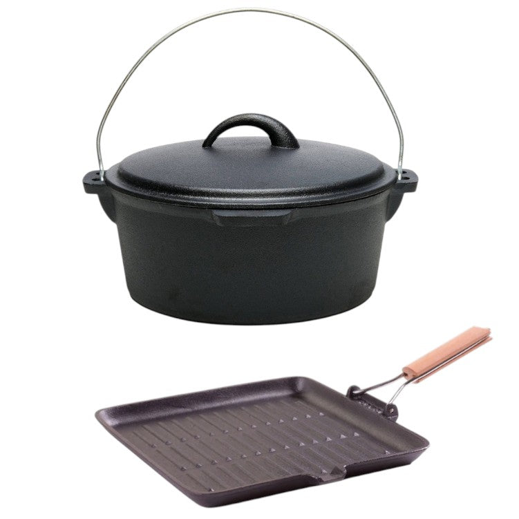 Set 2 produse din fonta pura, Tuci 25 cm, 3.5l, Grill 24 cm