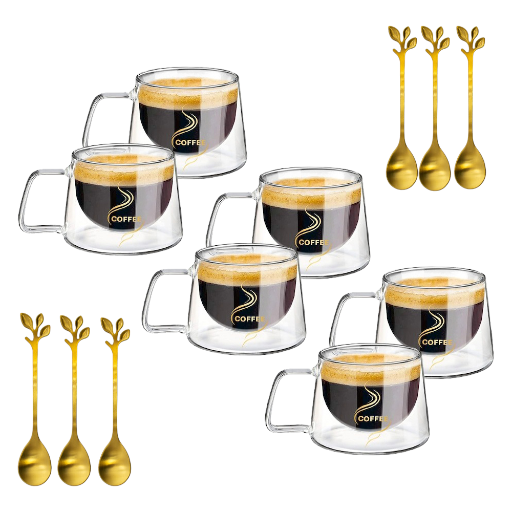 Set 6 cesti Cafea 200 ml, din Sticla cu pereti dubli, Termorezistenti, cu 6 Lingurite aurii