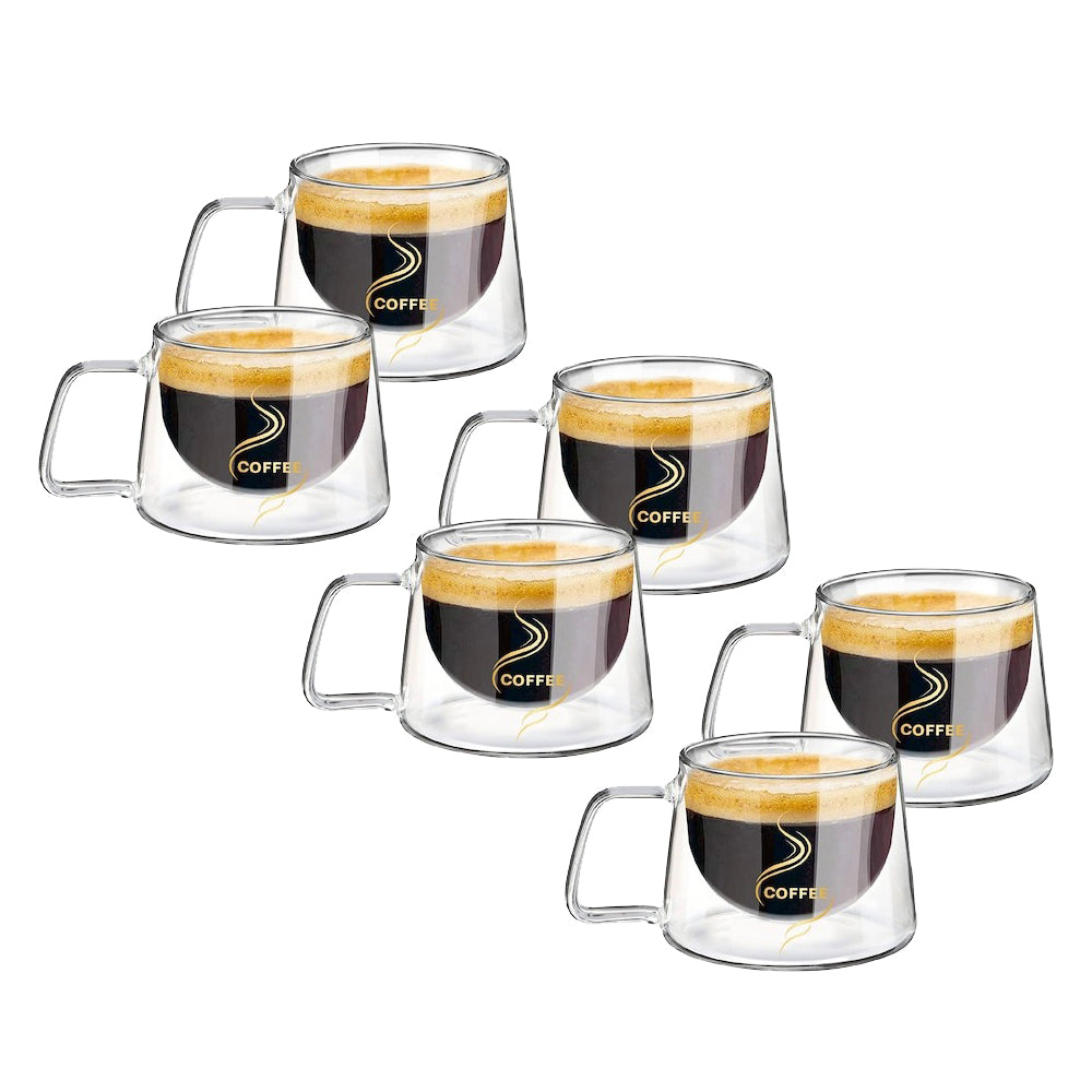 Set 6 cesti Cafea 200 ml, Pereti Dubli, Sticla Termorezistenta, 13x10x7.5 cm