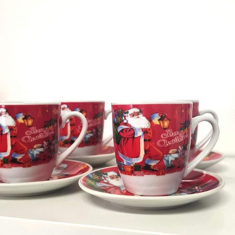 Set 6 Cesti Espresso si 6 Farfurioare, Model Craciun , Ceramica, Cutie Cadou,100 ml