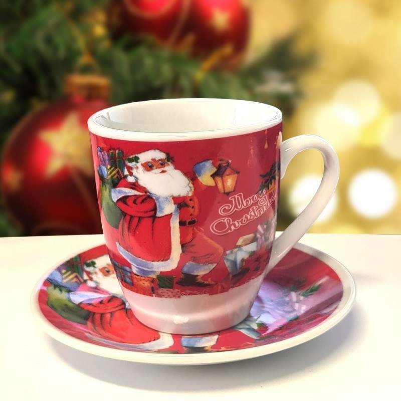 Set 6 Cesti Espresso si 6 Farfurioare, Model Craciun , Ceramica, Cutie Cadou,100 ml