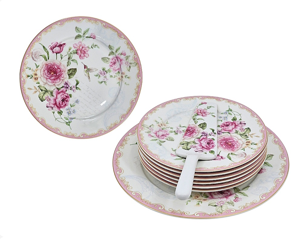 Set Tort, 8 piese, Ceramica, Model floral , 27/19 cm