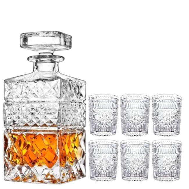 Set Decantor 1L + 6 pahare whiskey , sticla
