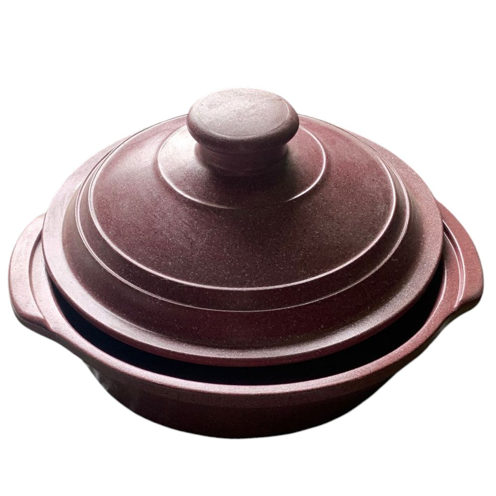 Oala din Lut Rosu, cu capac si manere, Rotunda, aspect Granit, 23x6 cm, 1 l