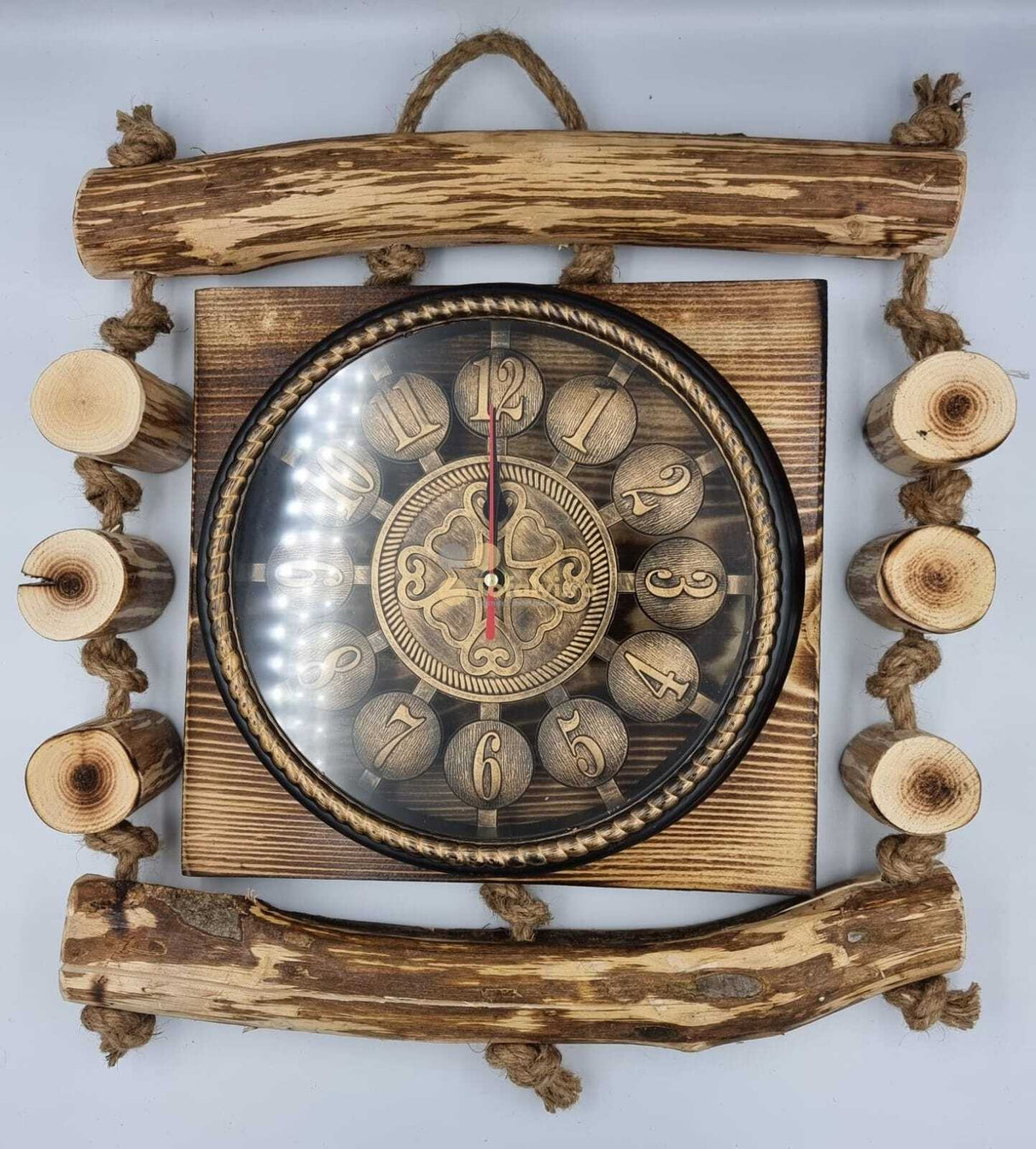 Ceas de perete Decorativ, Lemn si Plastic, Decorat cu bucati de Lemn, Maro, 44x43 cm